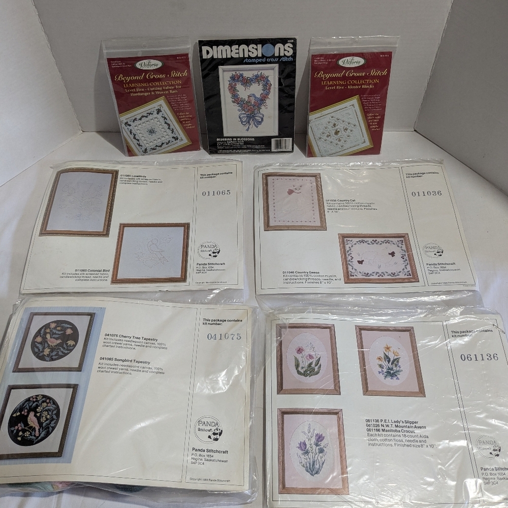 7 VTG Various Needlepoint Kits Cross Stitch Candlewick Tapestry